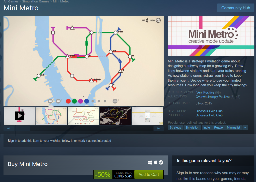 Screen capture of Mini Metro Steam page.
